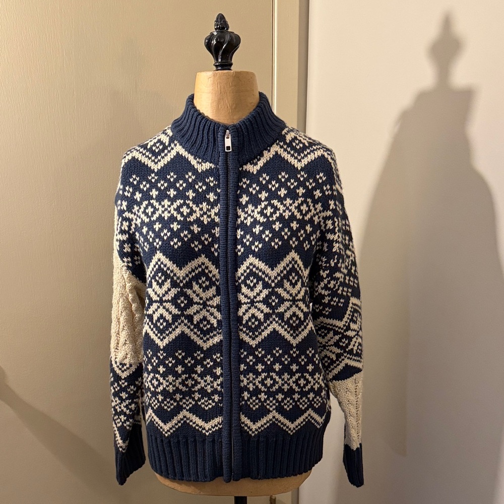 Navy and Cream Women’s zip up Cardigan Sweater